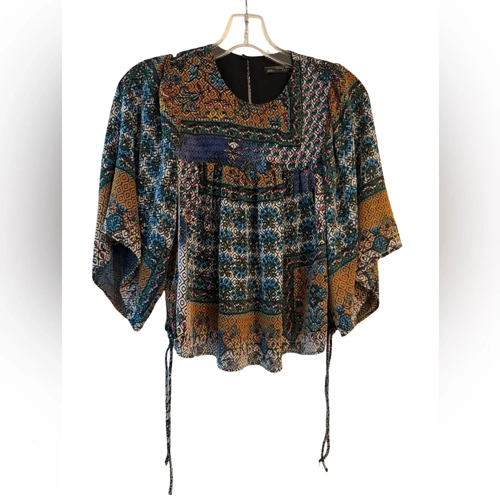 Zara Trafaluc Boho Kimono Sleeve Blouse XS Multicolor Patchwork Drawstring Top - Picture 2 of 6